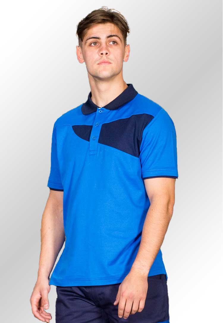 Model Wearing PW2 Cotton Comfort Polo Shirt S/S PW210 in Royal/Navy