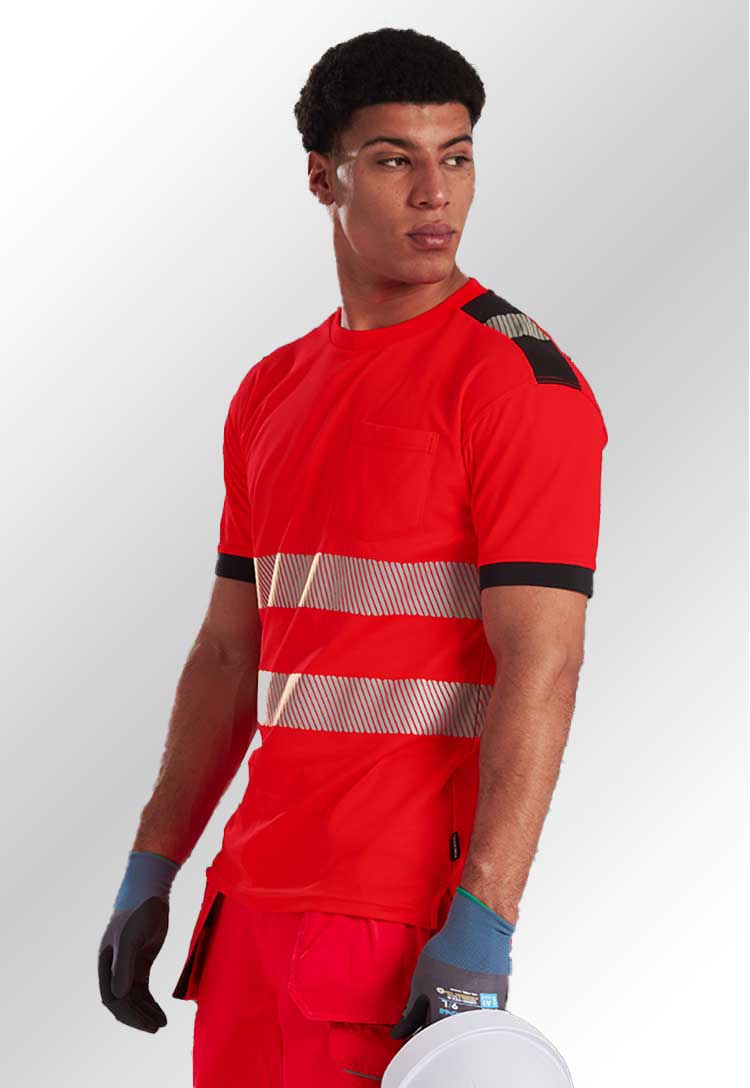 Model Wearing PW3 Hi-Vis Cotton Comfort T-Shirt S/S T181 in Red/Black