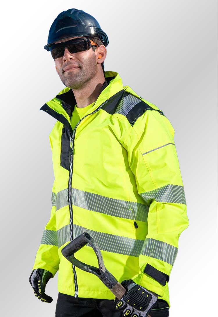 Model Wearing PW3 Hi-Vis Extreme Rain Jacket PW360 in Yellow/Black