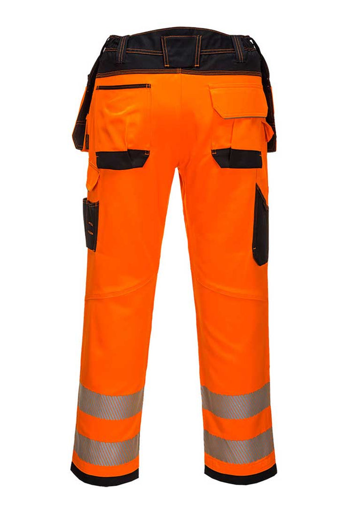 Back View of PW3 Hi-Vis Holster Pocket Work Trousers T501 in Orange/Black