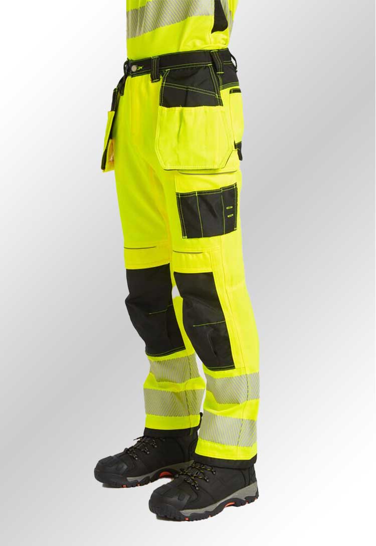 Model Wearing PW3 Hi-Vis Holster Pocket Work Trousers T501 in Yellow/Black