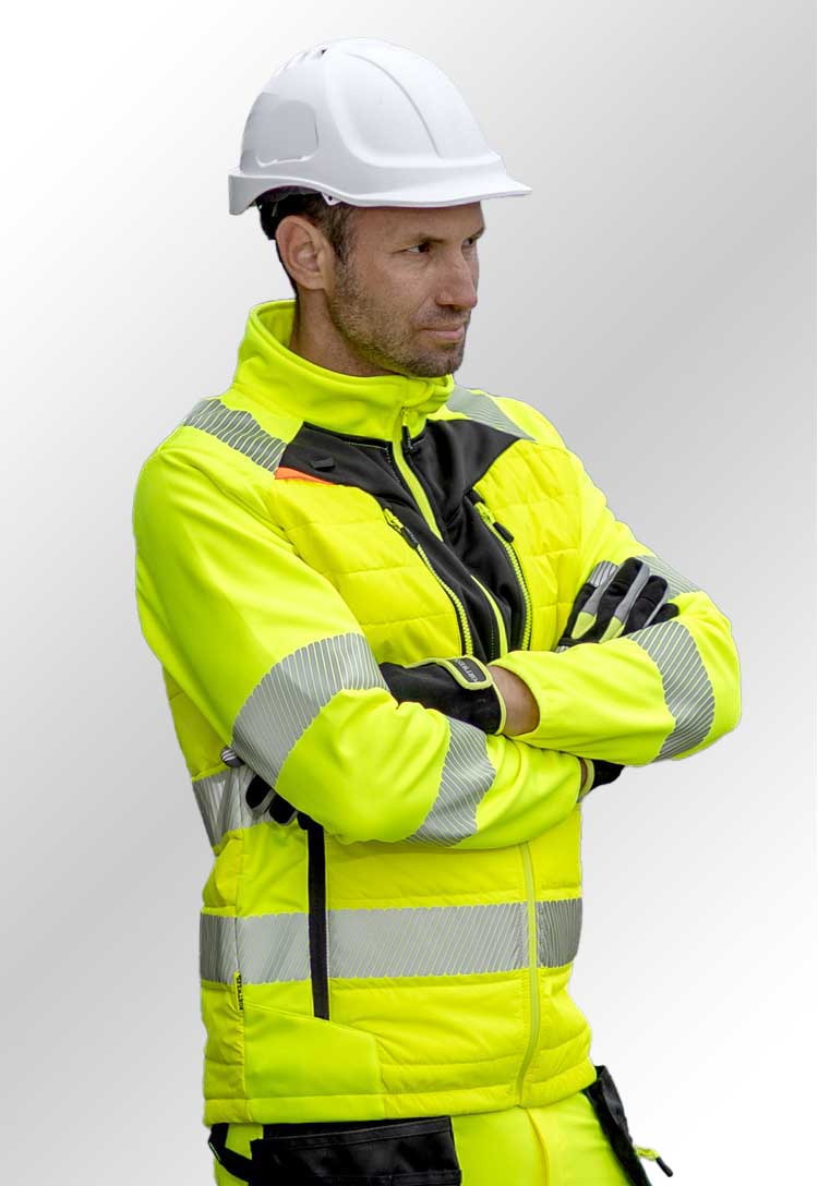 Model Wearing DX4 Hi-Vis Hybrid Baffle Jacket DX473 in Yellow/Black
