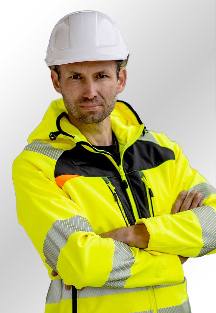 Model Wearing DX4 Hi-Vis Softshell (3L) DX475 in Yellow/Black