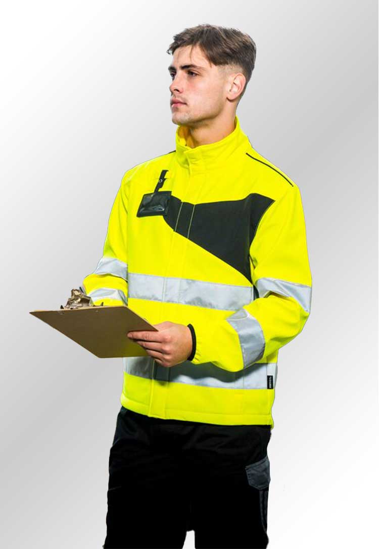 Model Wearing PW2 Hi-Vis Softshell (2L) PW275 in Yellow/Black