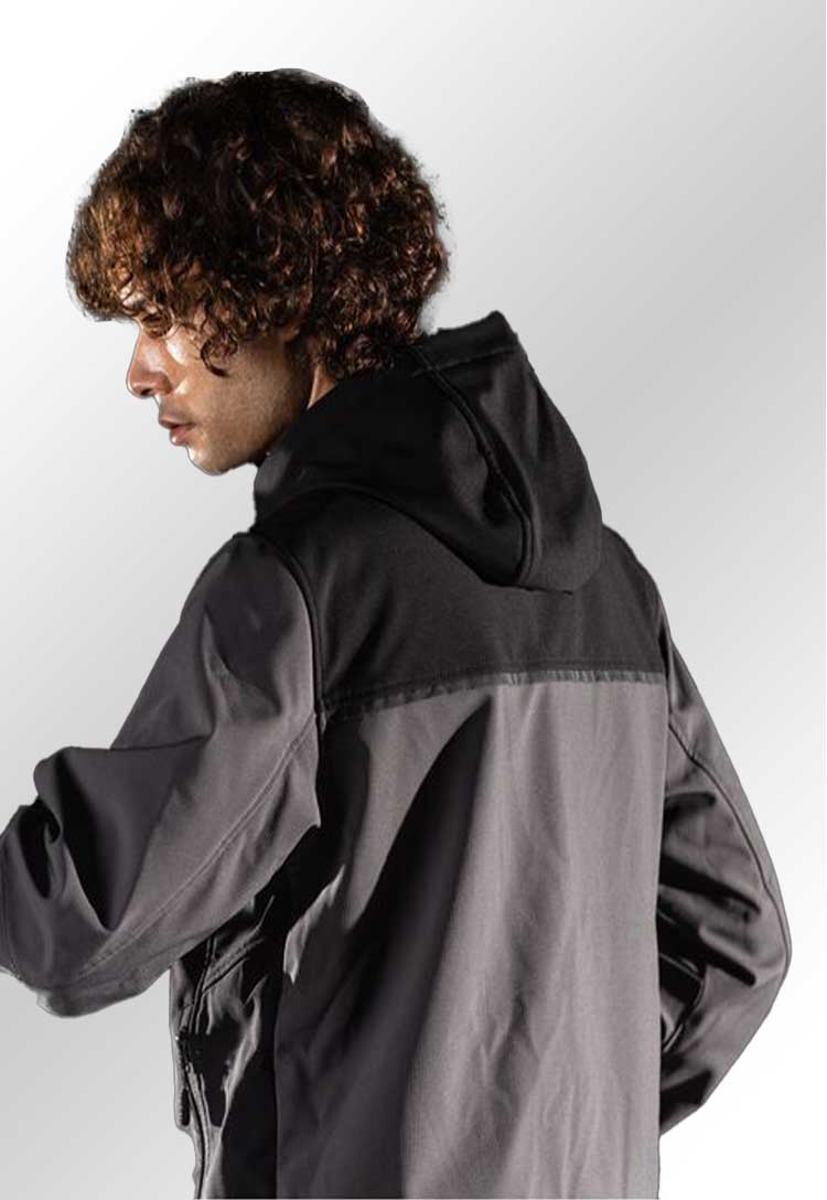 Model Wearing KX3 Hooded Softshell (3L) KX362 in Black/Grey