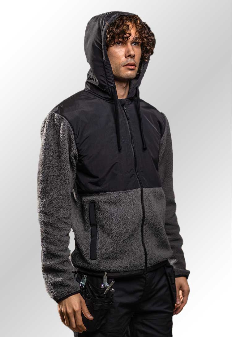 Model Wearing KX3 Borg Fleece KX371 in Black/Grey