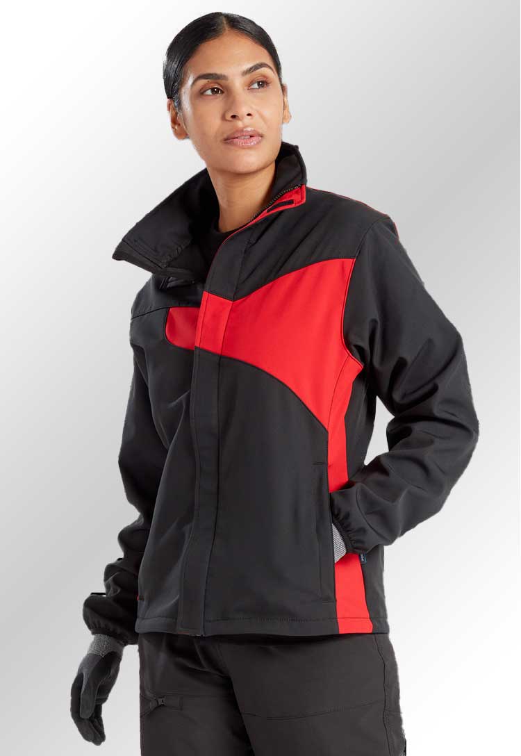 Model Wearing PW2 Women's Softshell (2L) PW278 in Black/Red