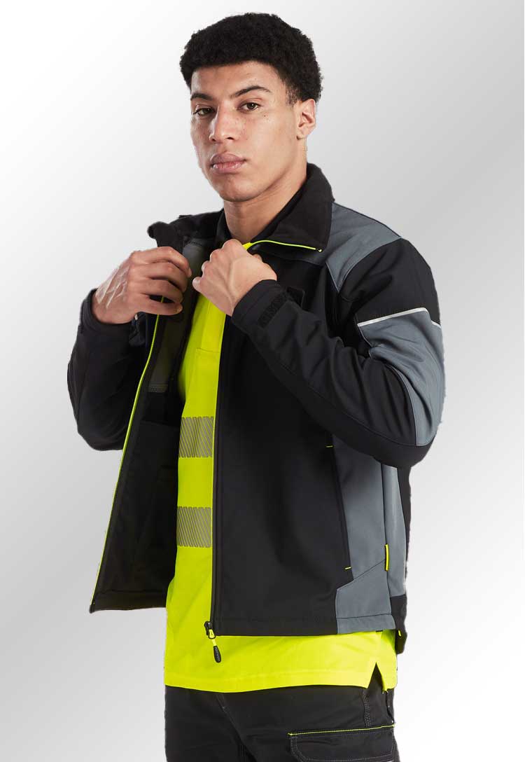 Model Wearing PW3 Softshell Jacket (3L) PW378 in Black/Zoom Grey